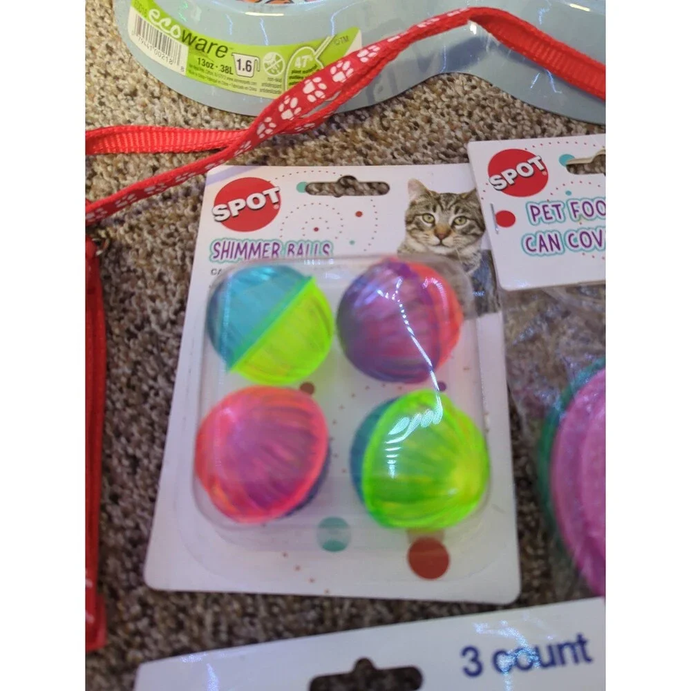 Lot of 5 Cat Supplies New or Like New - Dish, Collar, Leash, Ball Toys, Can Lids